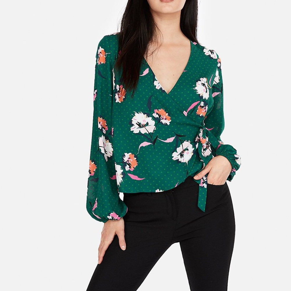 Express Floral Surplice Kimono Sleeve Top